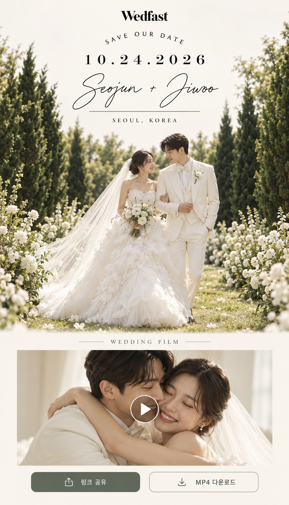 Wedfast · 2026년 10월 24일 · 서준과 지우. 본식 입장 사진과 영상 재생, 링크 공유, 다운로드로 구성한 전용 페이지